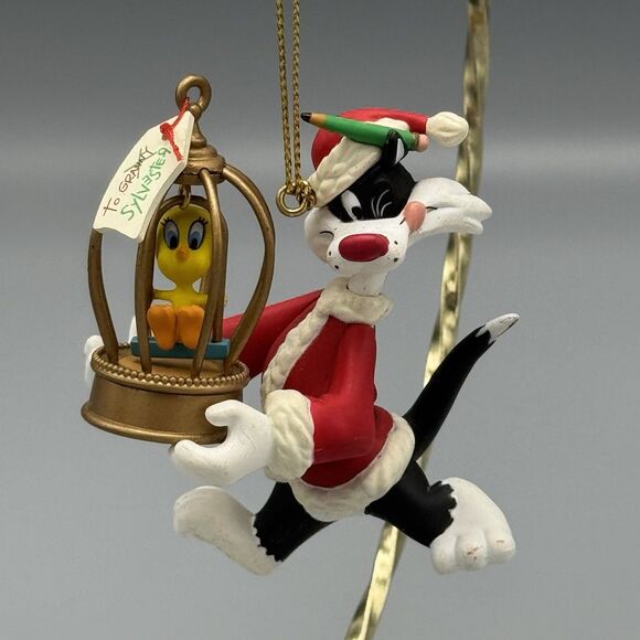 1995 Warner Brothers Santa Sylvester & Tweety Bird in Cage Christmas Ornament 3" - Picture 1 of 10